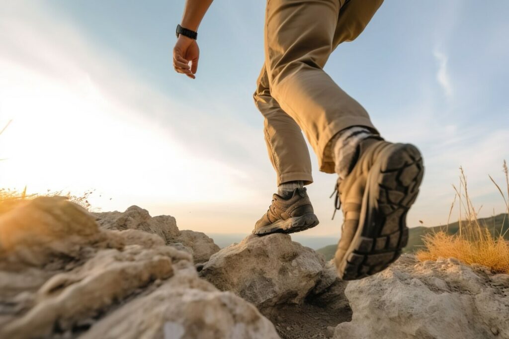 un bărbat poartă pantofi de trekking pe stânci
